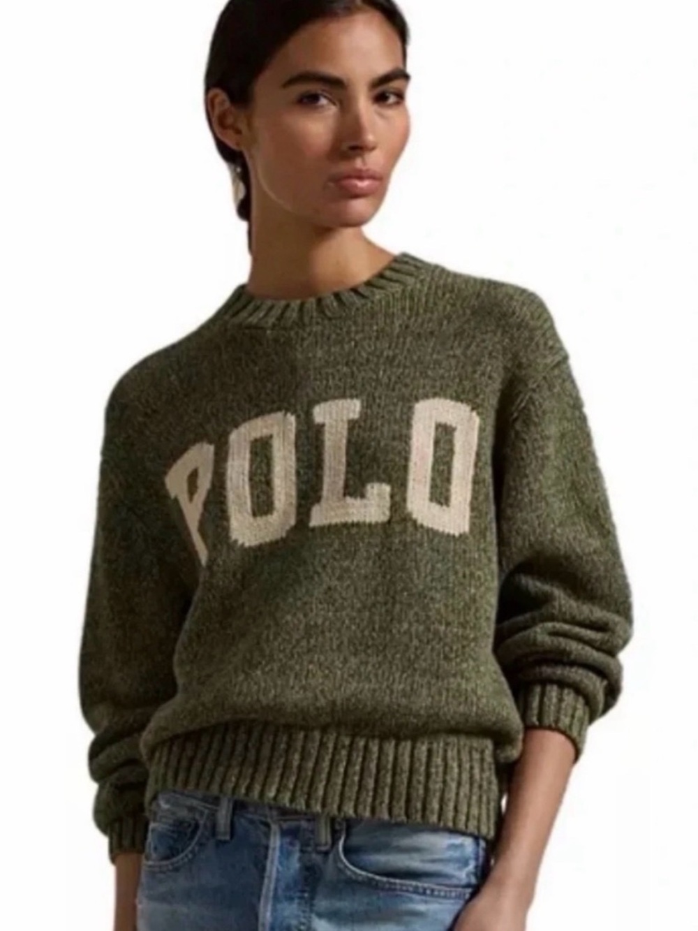 Polo by Ralph Lauren Olive Green Crewneck Sweater with White Logo
